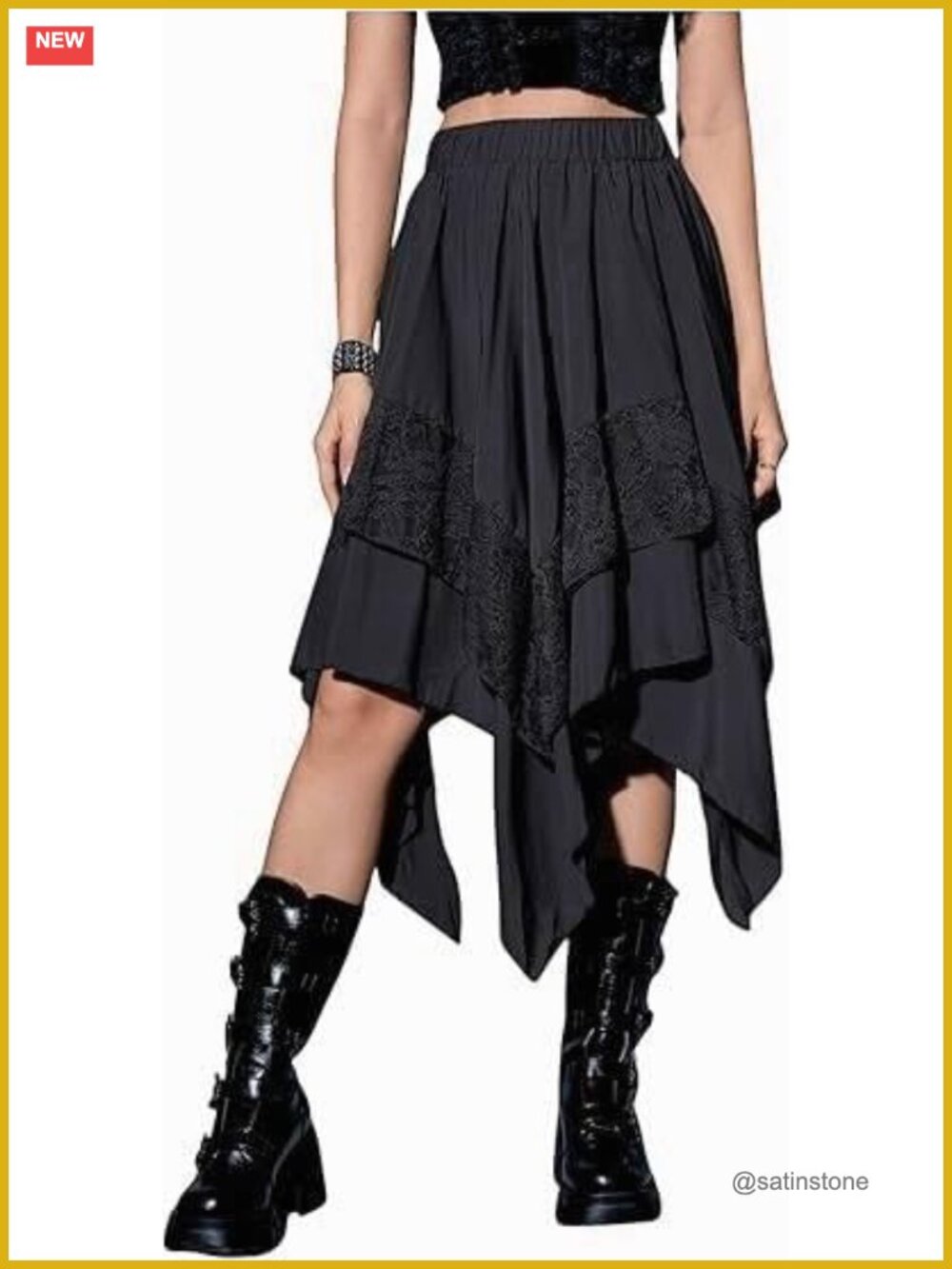 Asymmetrical High Low Hem Flowy Midi Skirt Lace Trim A-Line Elastic Waist